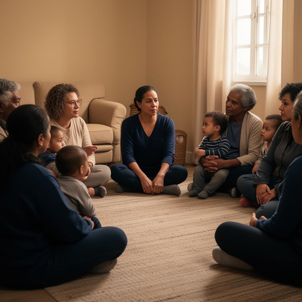 Pessoas reunidas em círculo, ouvindo umas às outras em ambiente acolhedor